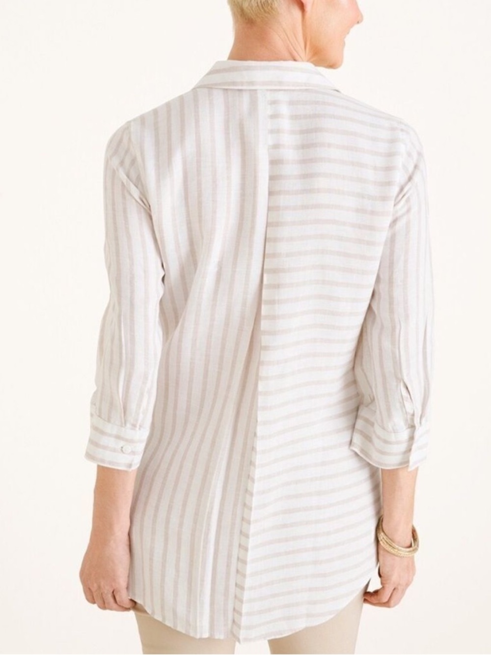 Chico's No-Iron Linen Button Front Shirt tan white stripe 3/4 sleeves 2 12/14 - Picture 4 of 14